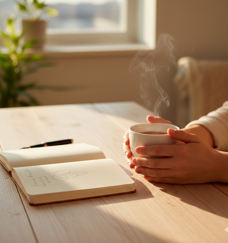Mujer sosteniendo una taza de té junto a una libreta, en un ambiente cálido y tranquilo.